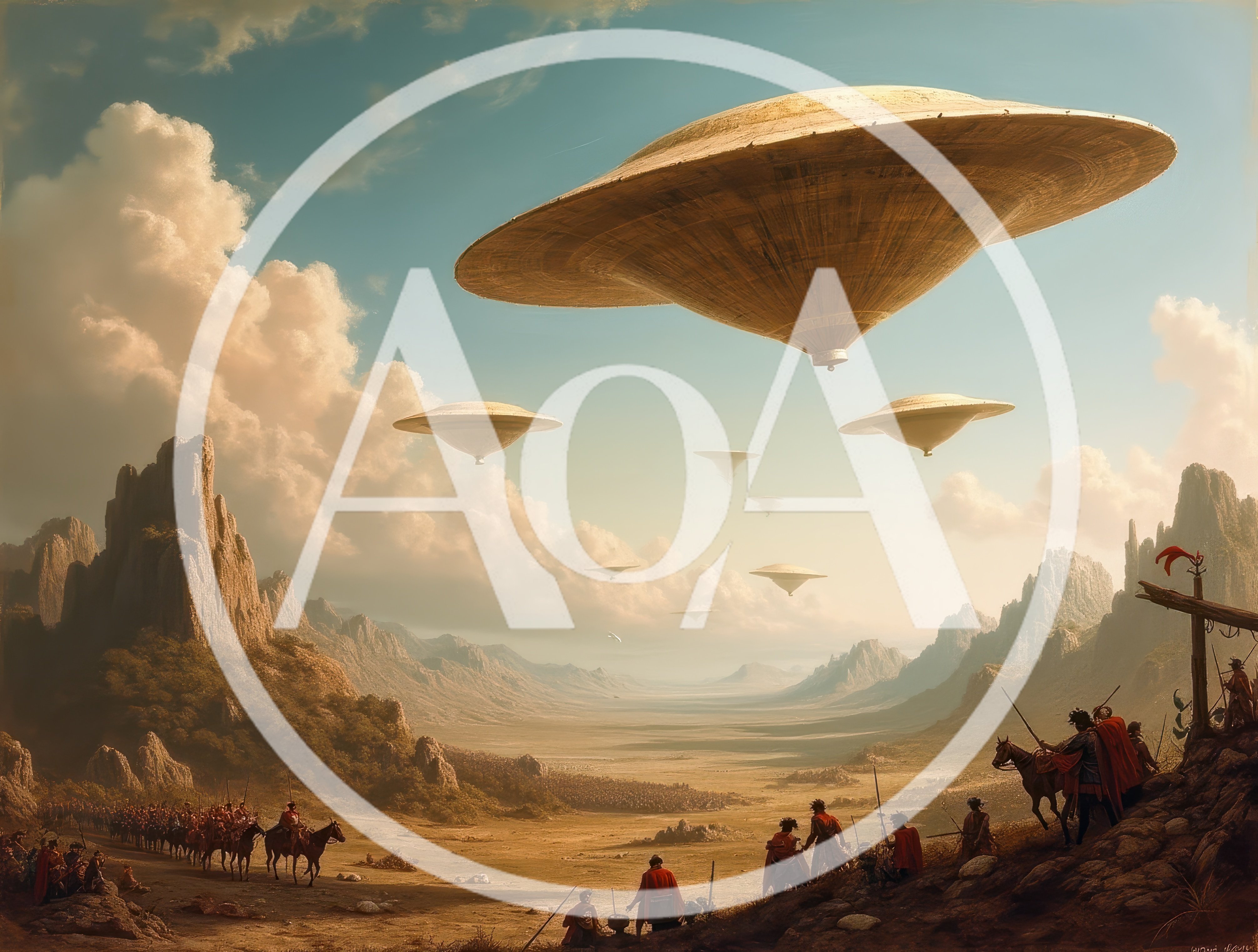 Ancient Army Observing Alien Spacecraft Over Mountain Valley