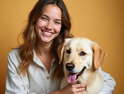 Smiling Young Woman Embracing Her Golden Labrador Retriever