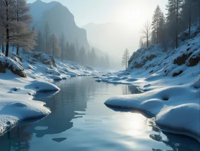 Serene Winter Landscape With Frozen River And Mountains