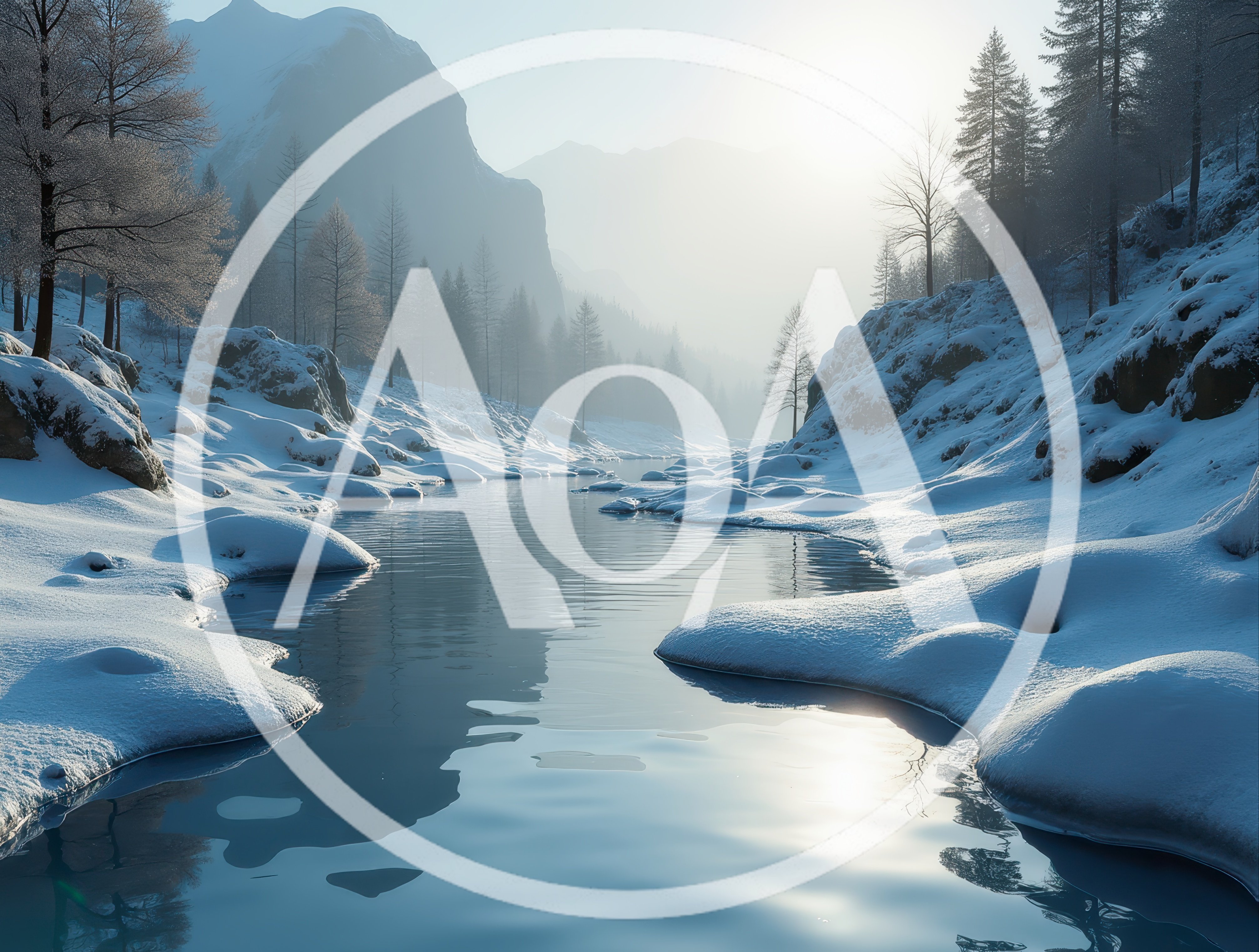 Serene Winter Landscape With Frozen River And Mountains