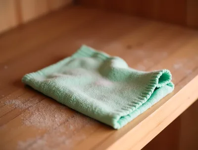 Green Microfiber Cleaning Cloth On Wooden Sauna Bench