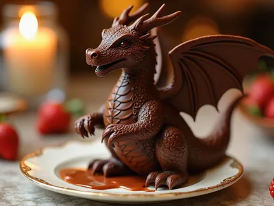Intricate Chocolate Dragon Sculpture On A Decorative Plate
