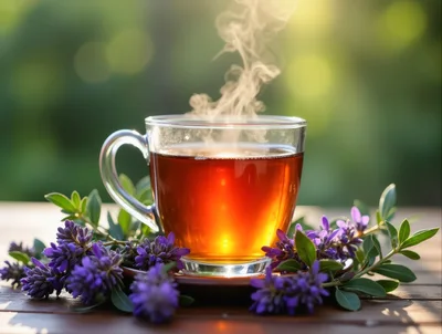 Steaming Glass Cup Of Herbal Tea With Purple Flowers