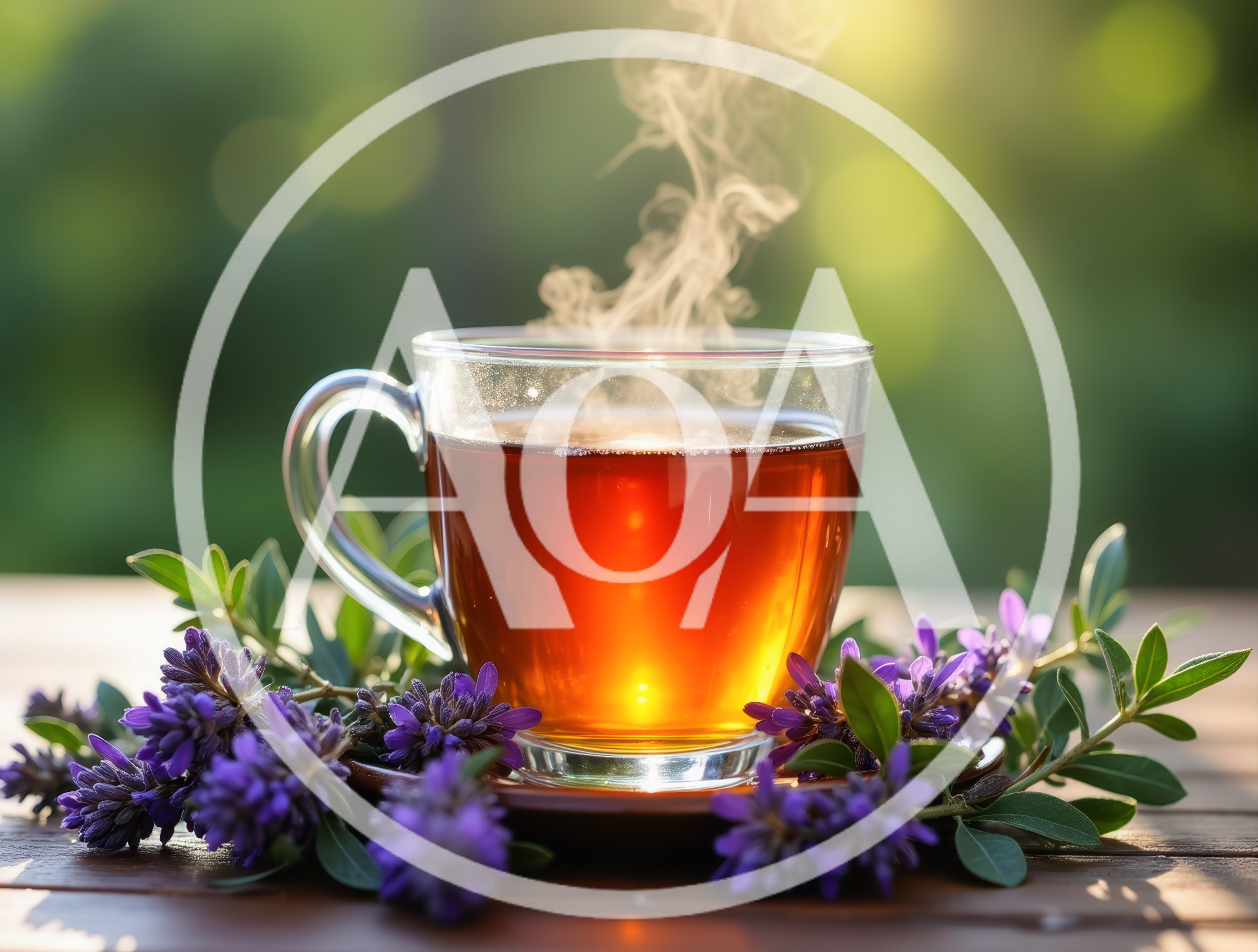 Steaming Glass Cup Of Herbal Tea With Purple Flowers