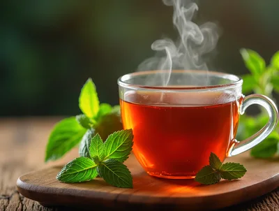 Steaming Cup Of Fresh Mint Tea On Wooden Board