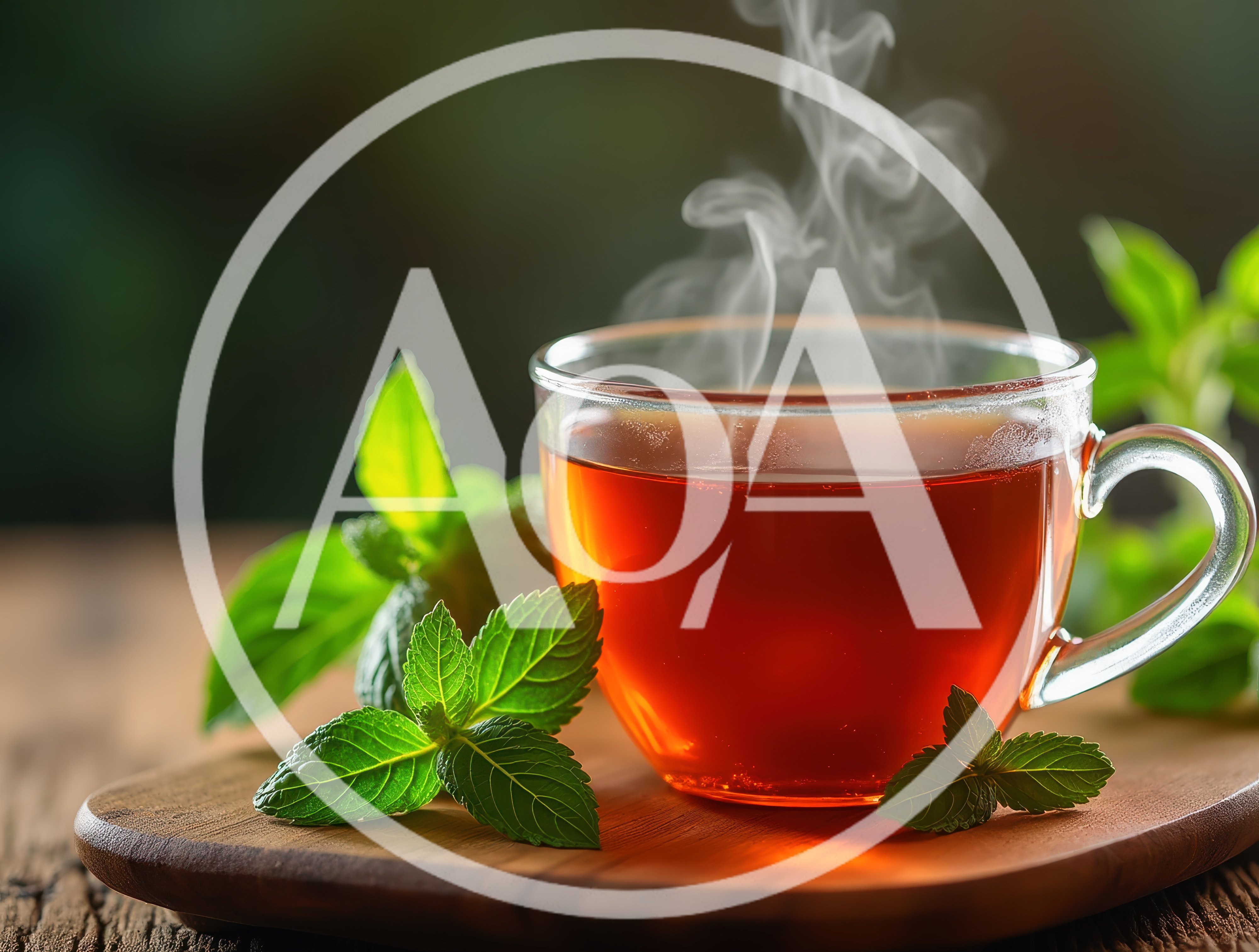 Steaming Cup Of Fresh Mint Tea On Wooden Board