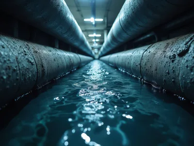 Industrial Water Channel Between Large Metal Pipes