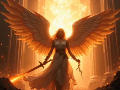 Ethereal Angel Warrior Standing With Flaming Sword