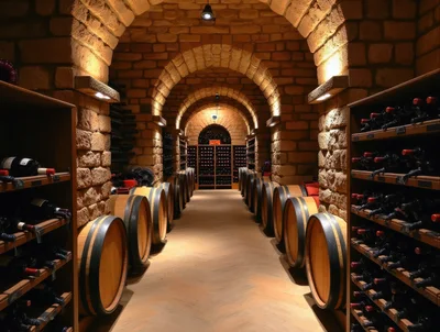 Wine Cellar With Oak Barrels And Bottle Racks