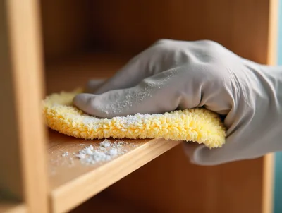 Person Wearing Rubber Glove Cleaning Wooden Shelf