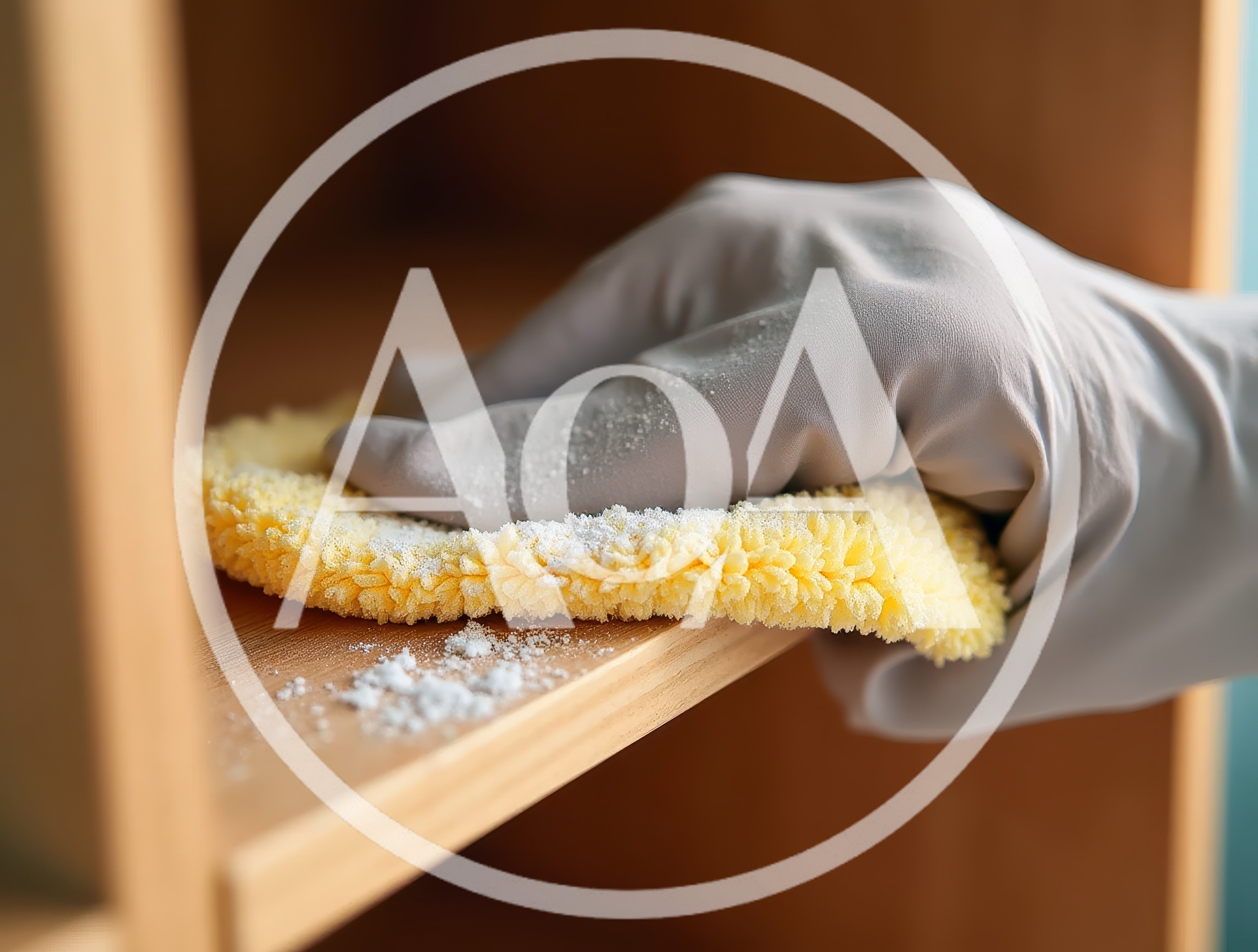 Person Wearing Rubber Glove Cleaning Wooden Shelf