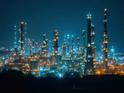 Industrial Oil Refinery Complex At Night