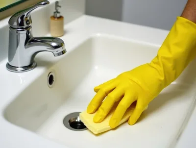 Person Cleaning Bathroom Sink With Yellow Sponge