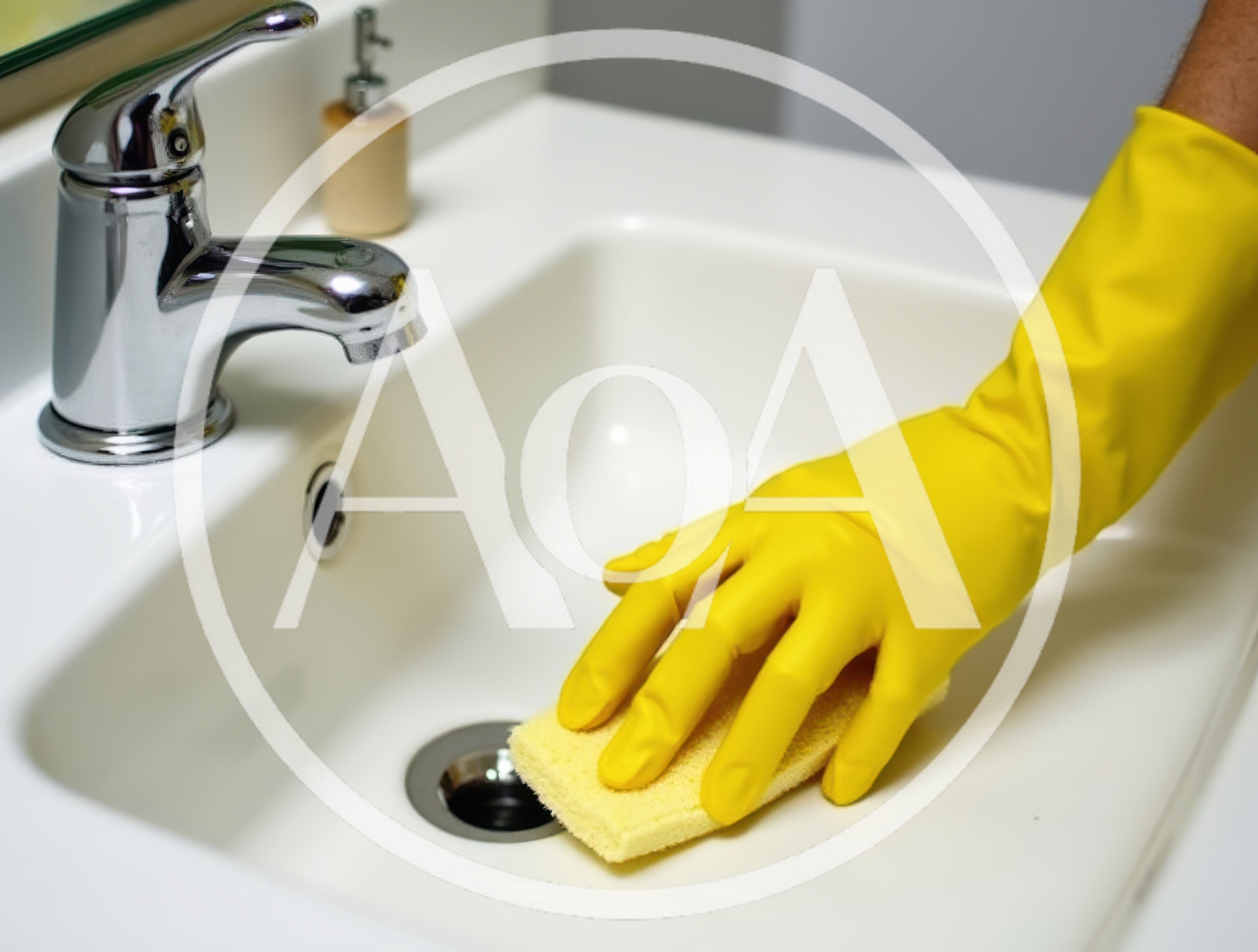 Person Cleaning Bathroom Sink With Yellow Sponge