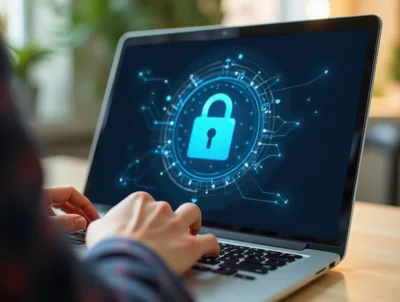 Person Typing On Laptop With Digital Security Lock Icon