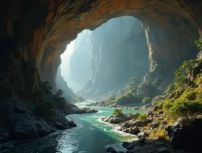 Turquoise River Flowing Through A Massive Natural Cave
