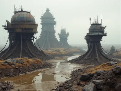Futuristic Industrial Structures In A Desolate Foggy Landscape
