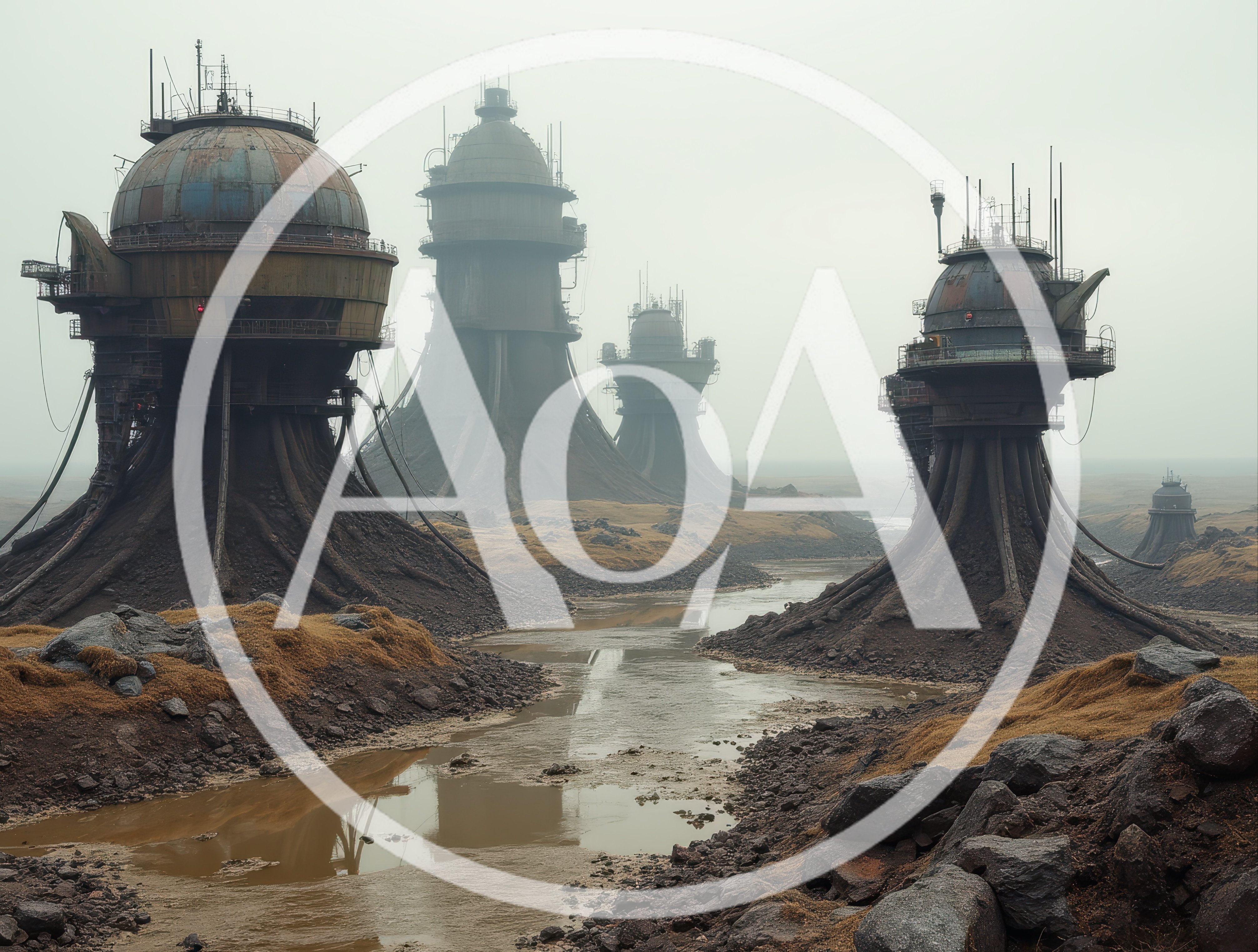 Futuristic Industrial Structures In A Desolate Foggy Landscape