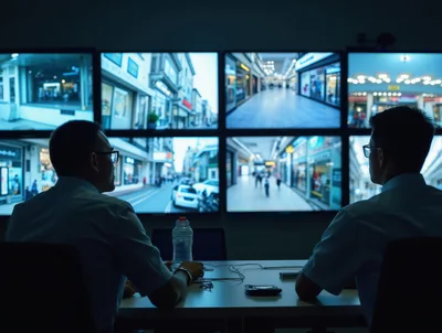 Security Guards Monitoring Surveillance Screens In Dark Control Room