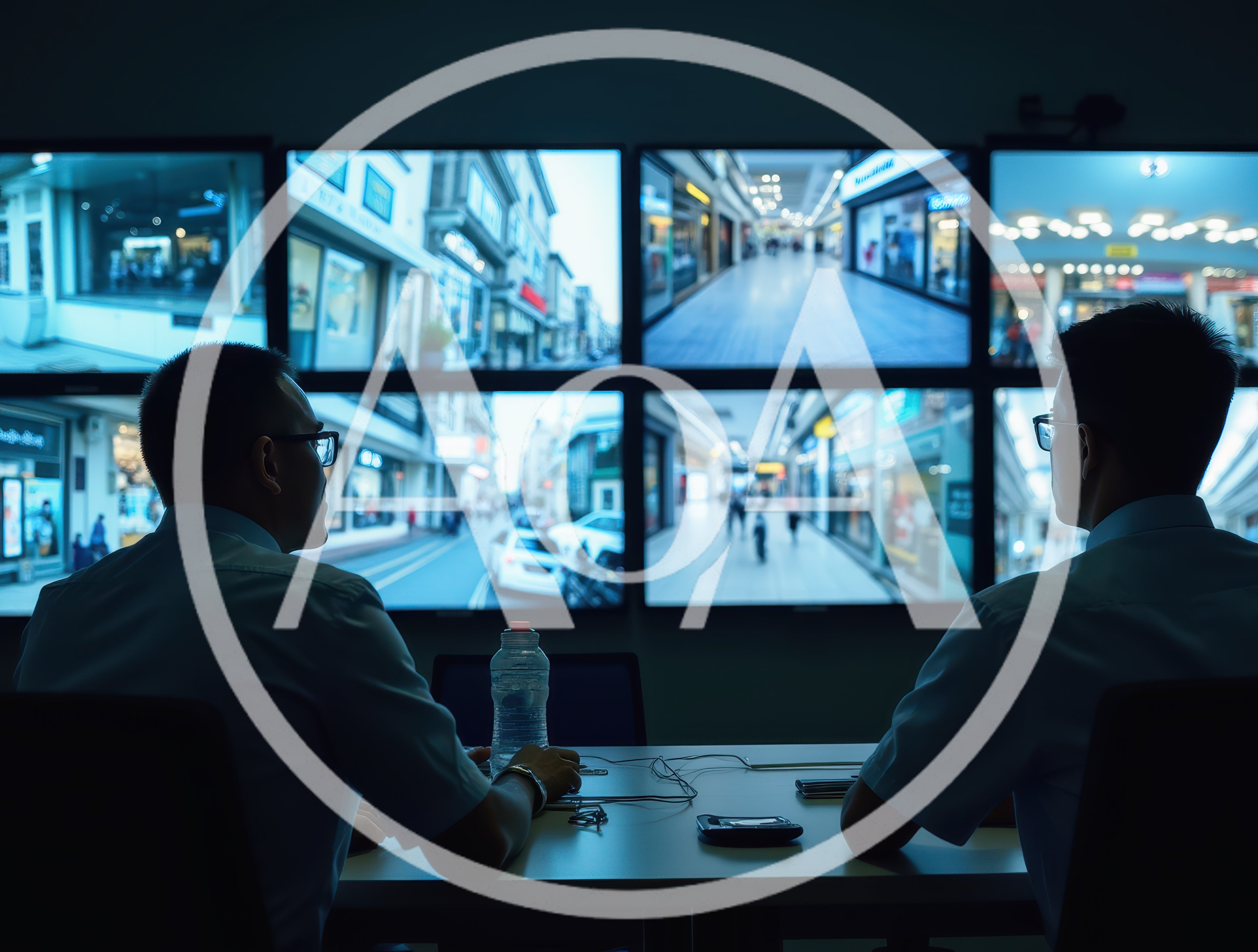 Security Guards Monitoring Surveillance Screens In Dark Control Room