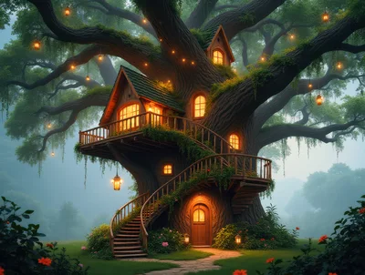 Enchanted Treehouse With Glowing Lanterns In A Misty Forest