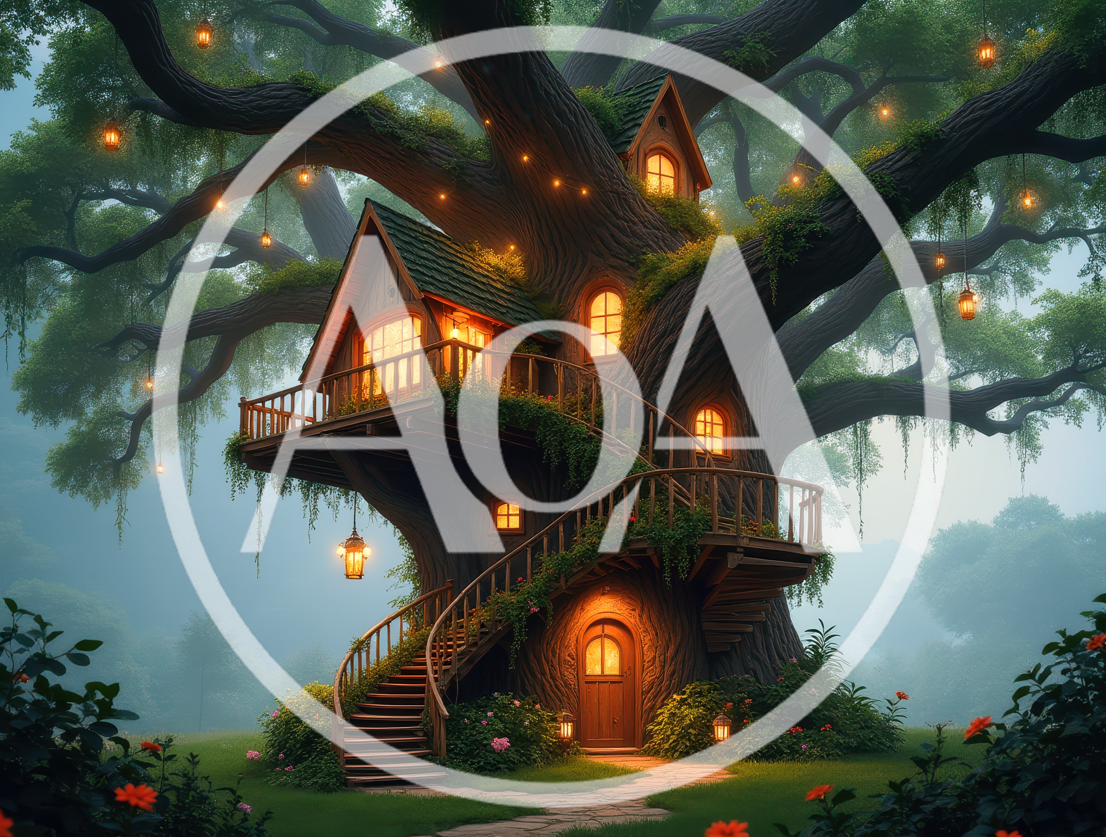 Enchanted Treehouse With Glowing Lanterns In A Misty Forest