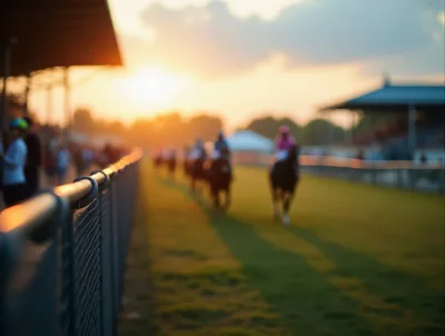 Horse Race At Sunset On A Racetrack