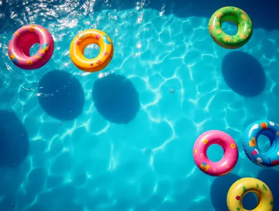 Colorful Inflatable Pool Rings Floating In Blue Water