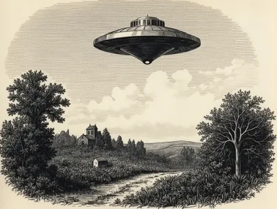 Vintage Engraving Of A Flying Saucer Over Rural Landscape