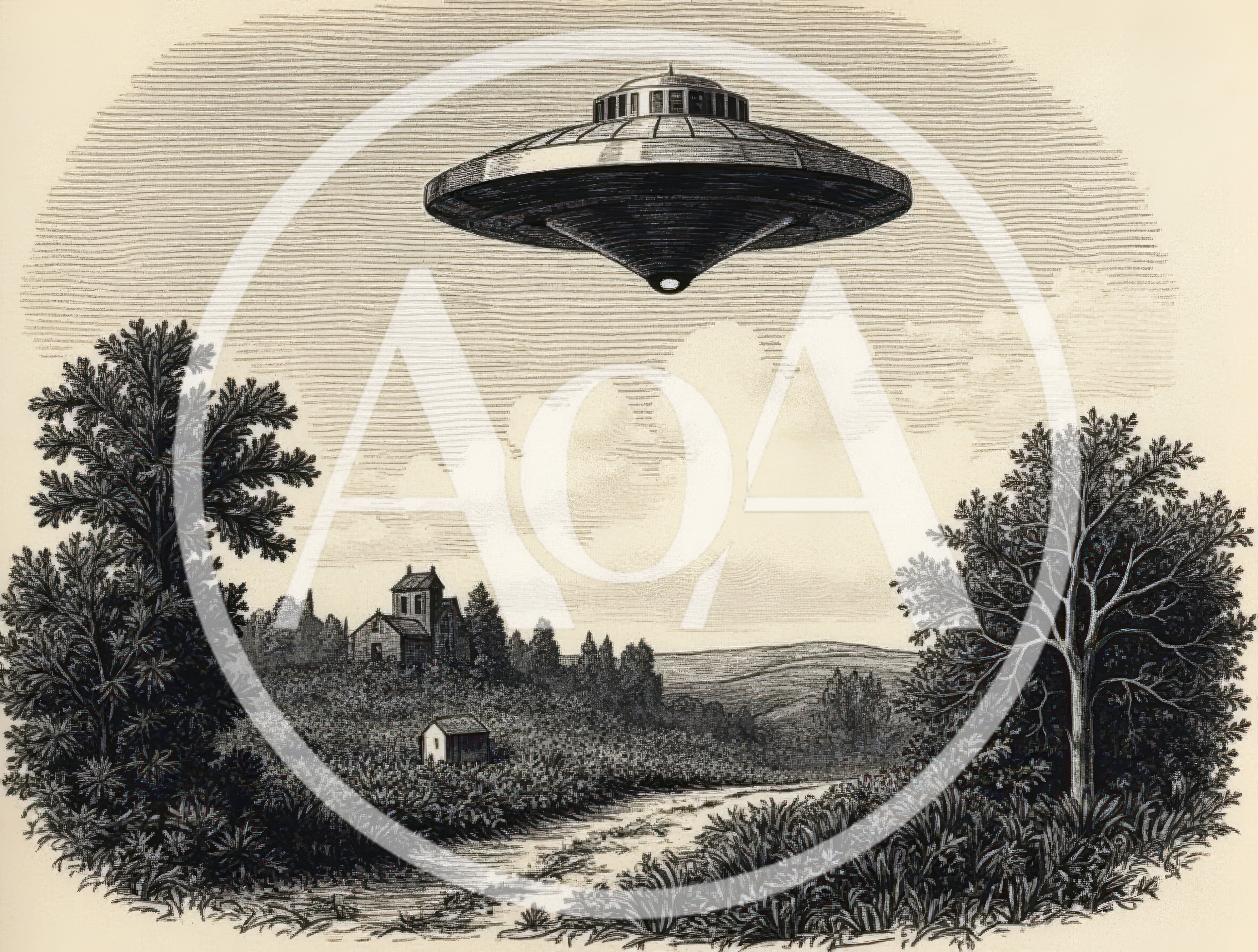 Vintage Engraving Of A Flying Saucer Over Rural Landscape