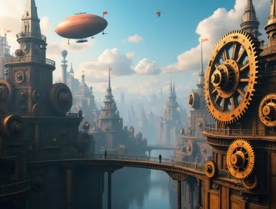 Steampunk Cityscape With Airship And Mechanical Gears