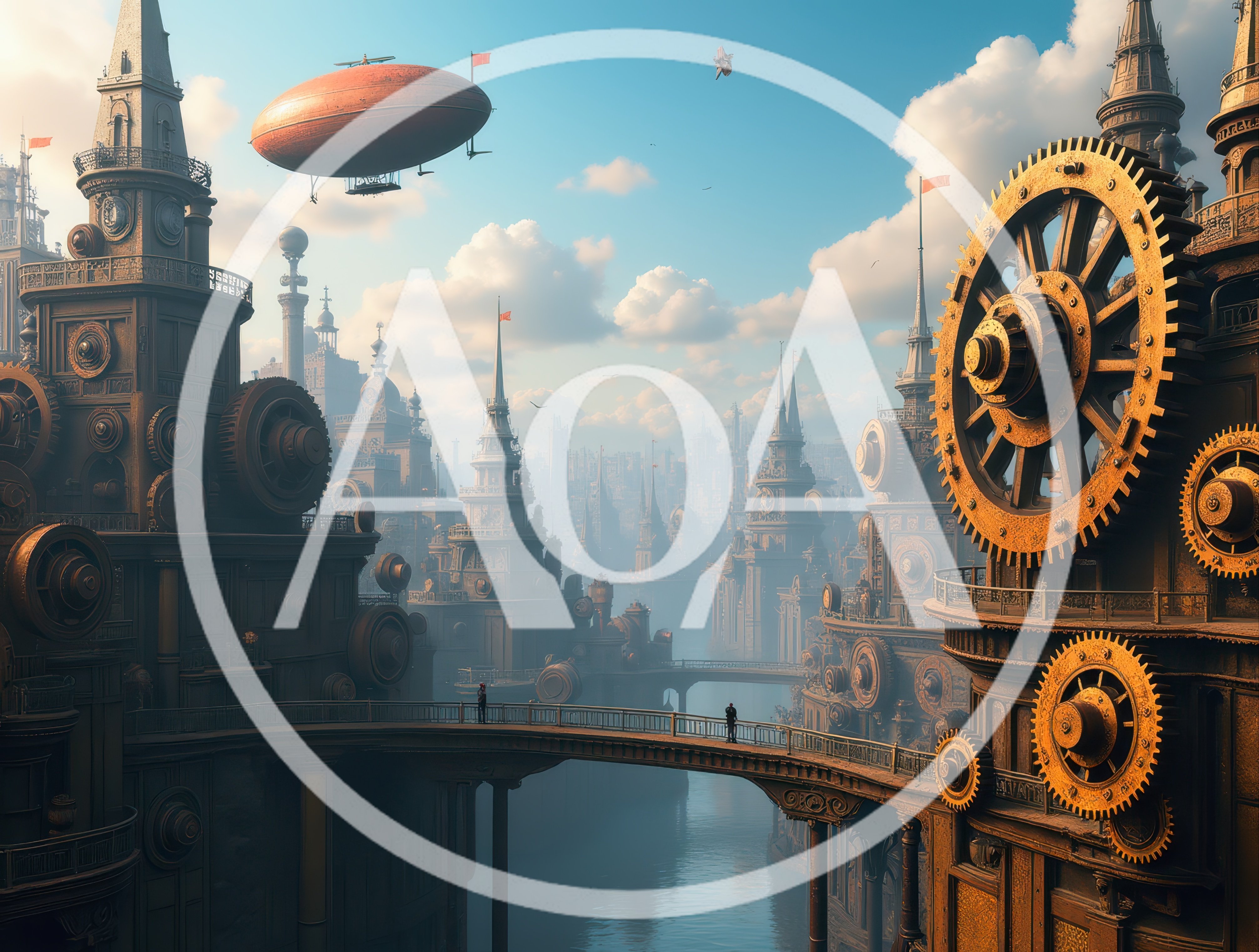 Steampunk Cityscape With Airship And Mechanical Gears