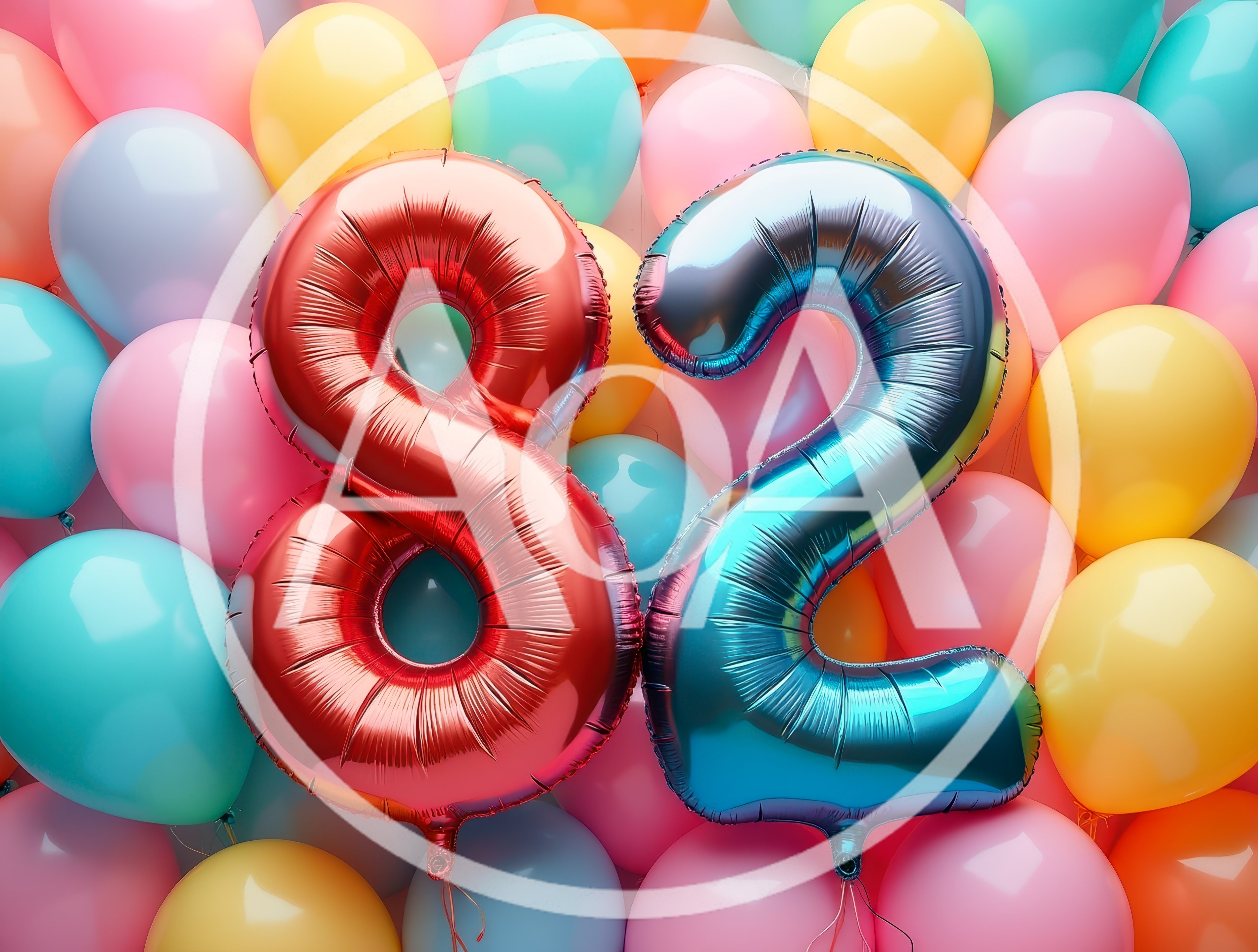 Number 82 Foil Balloons Against Colorful Balloon Background