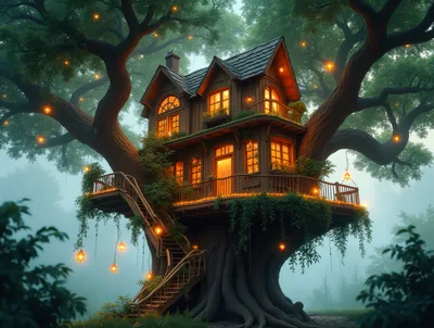 Enchanted Treehouse Dwelling In A Misty Forest
