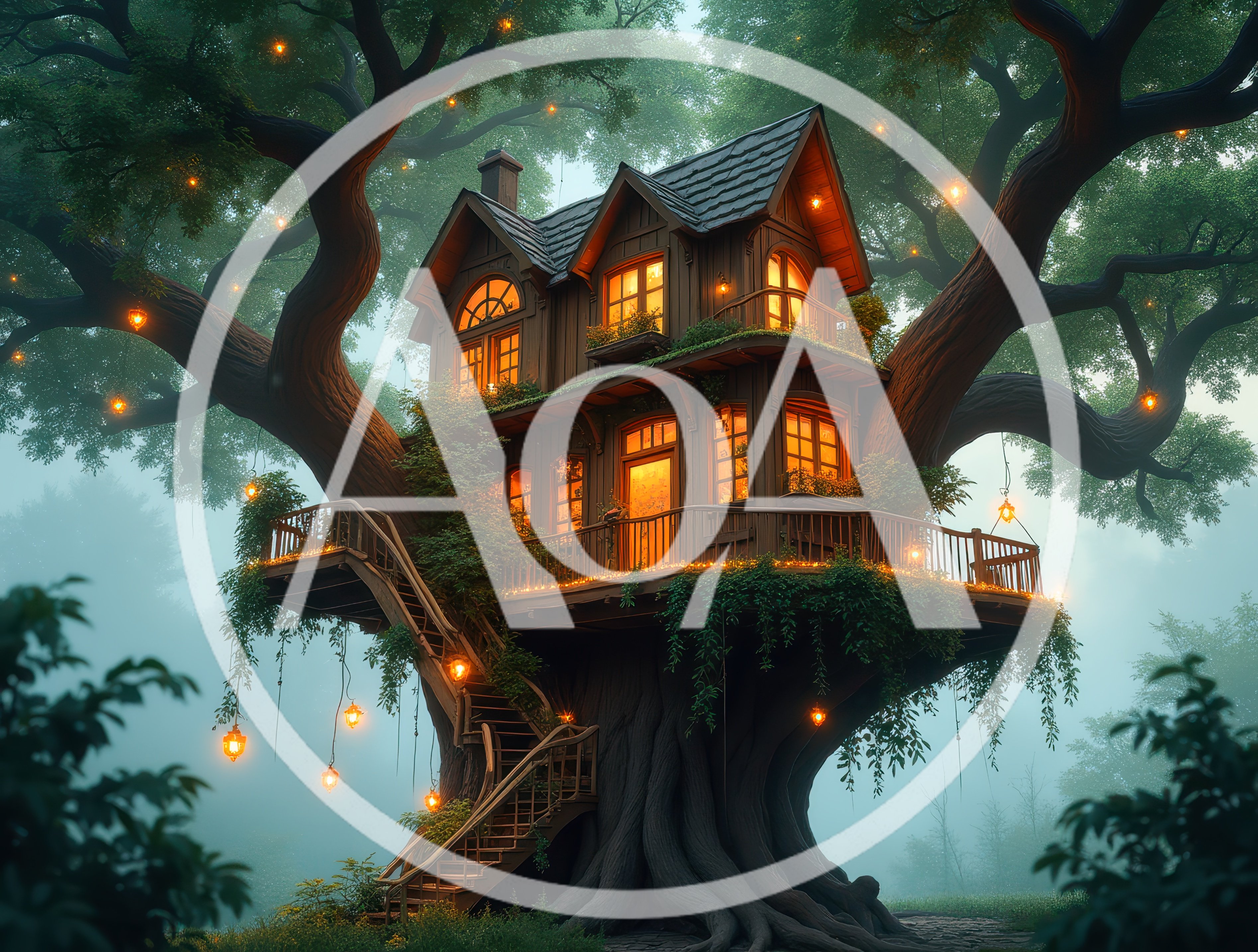 Enchanted Treehouse Dwelling In A Misty Forest