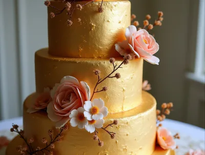 Three Tiered Gold Wedding Cake With Floral Decorations