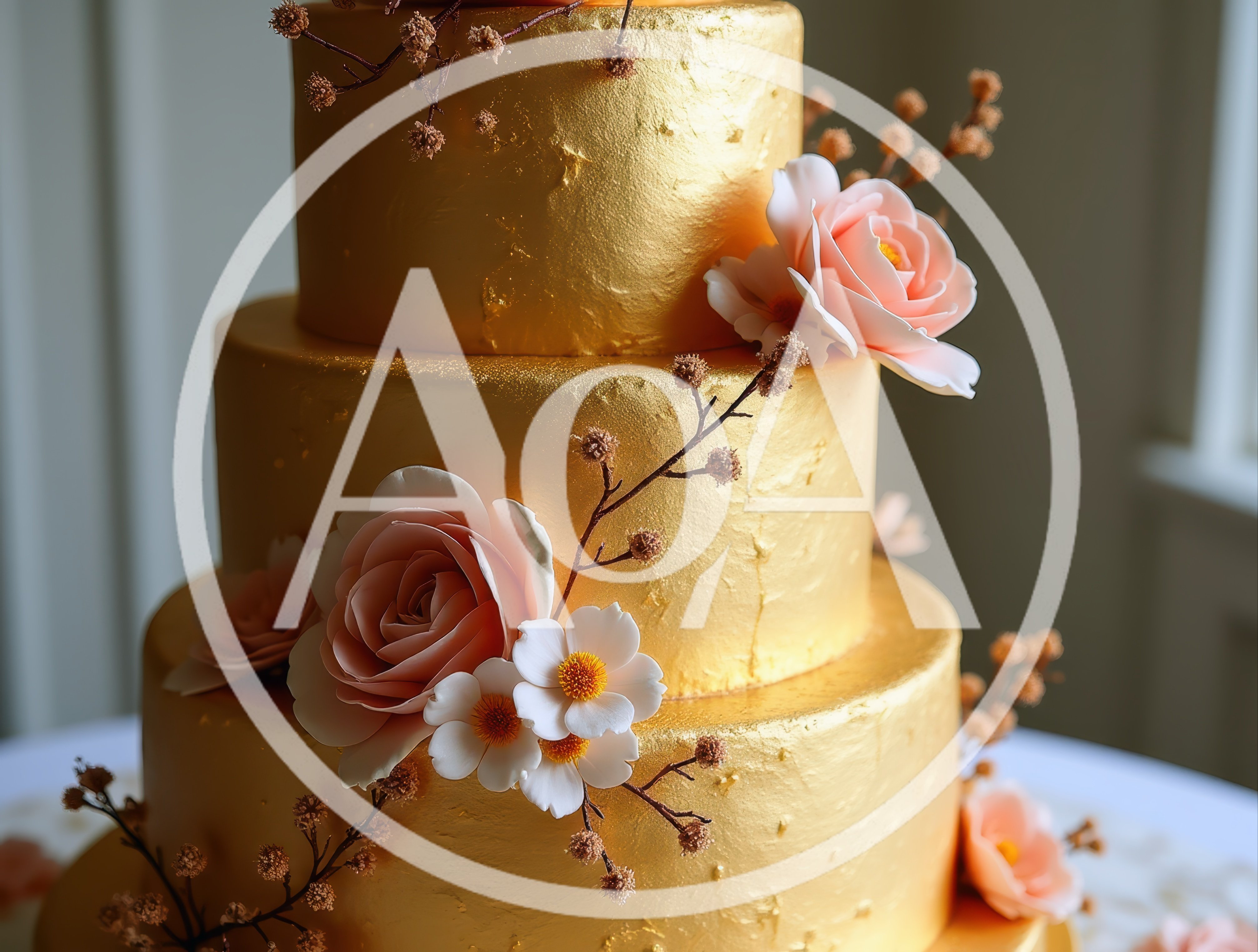 Three Tiered Gold Wedding Cake With Floral Decorations