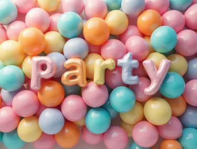 Party Balloon Letters Surrounded By Colorful Pastel Spheres