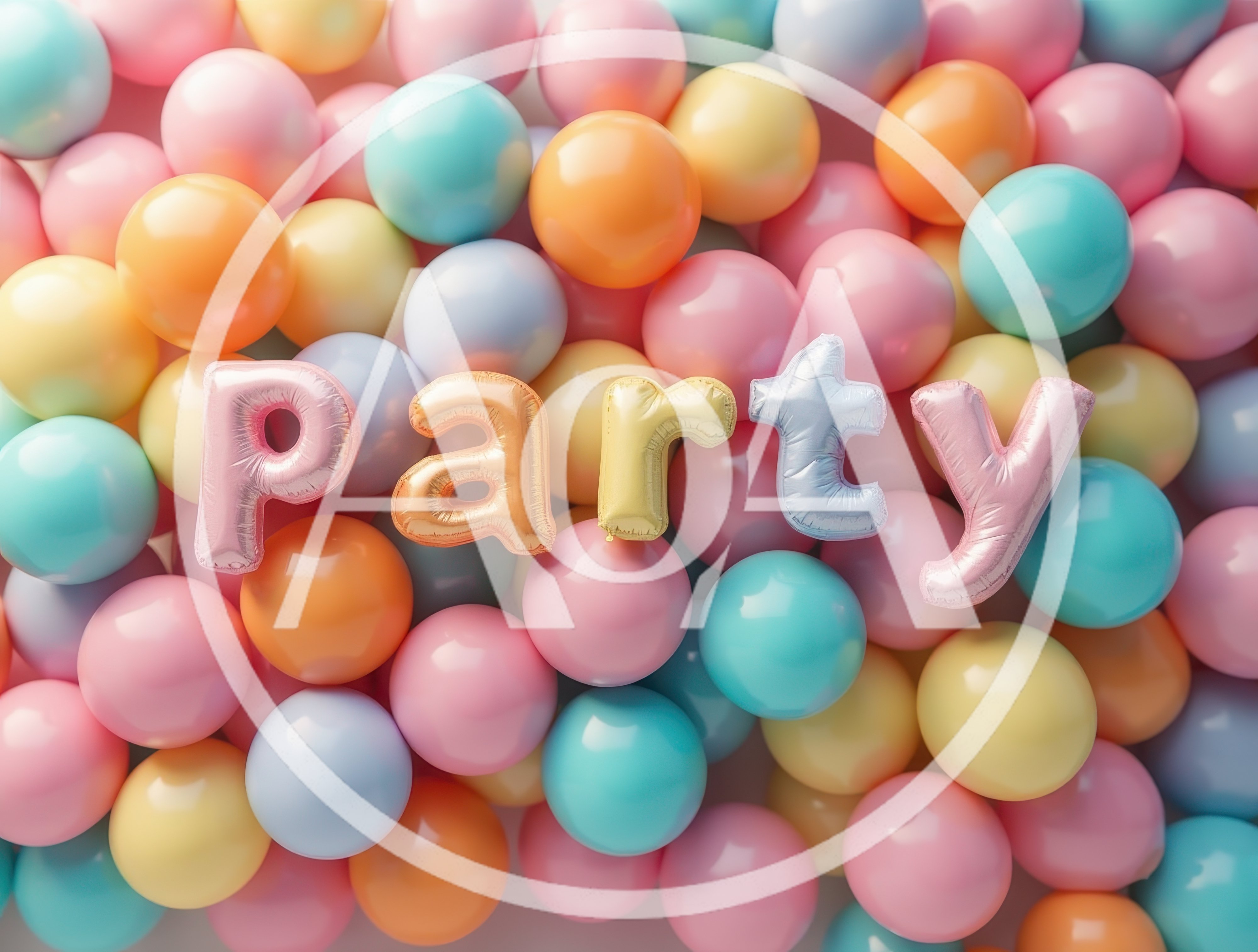 Party Balloon Letters Surrounded By Colorful Pastel Spheres