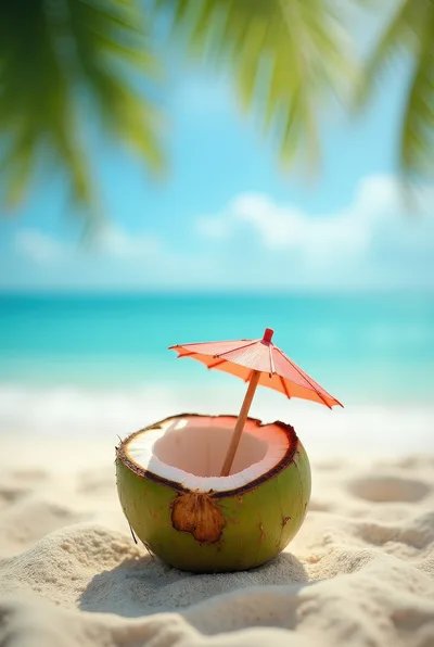 Fresh Coconut Drink With Umbrella On Tropical Beach