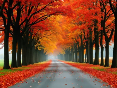 Scenic Country Road Lined With Vibrant Autumn Trees
