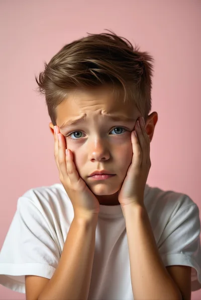 Sad Young Boy Holding His Face