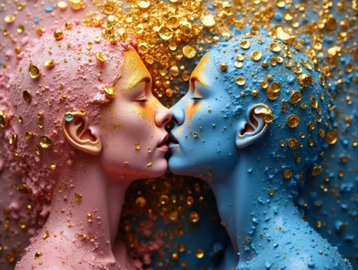 Two People With Pink And Blue Skin Kissing