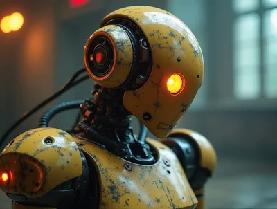 Weathered Yellow Industrial Robot Portrait