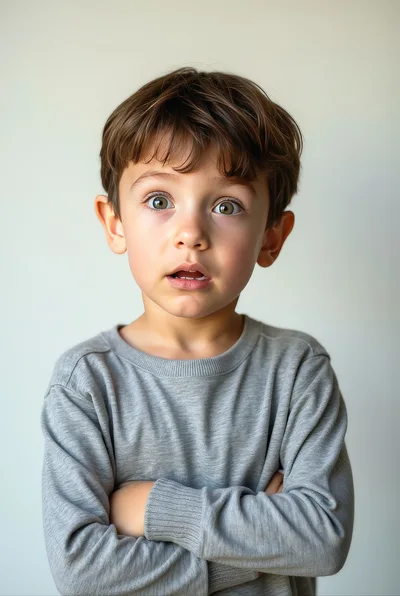 Surprised Young Boy With Arms Crossed