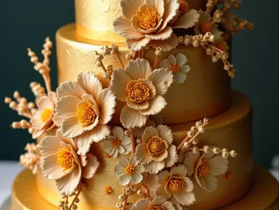 Elegant Three Tiered Gold Wedding Cake With Floral Decorations