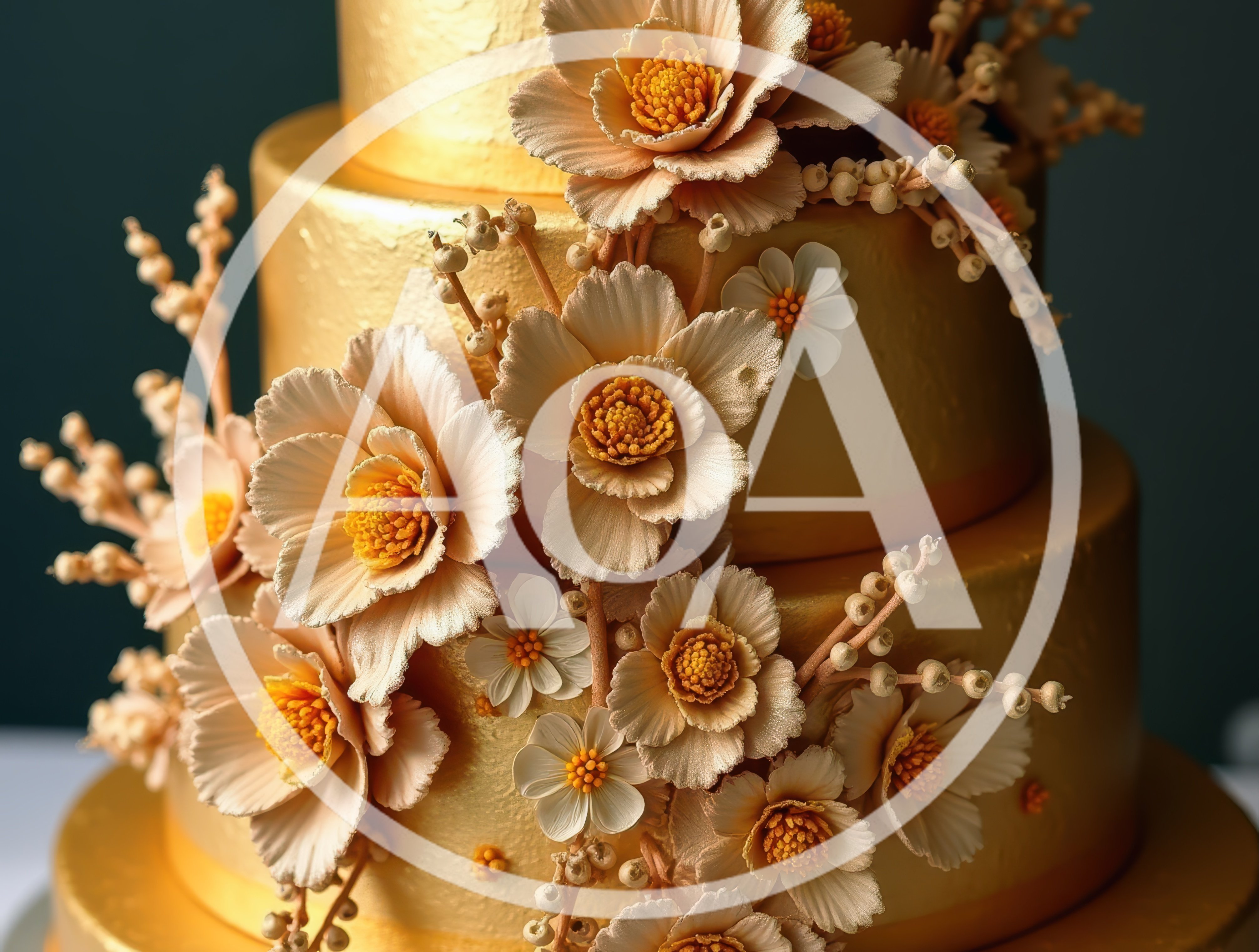 Elegant Three Tiered Gold Wedding Cake With Floral Decorations