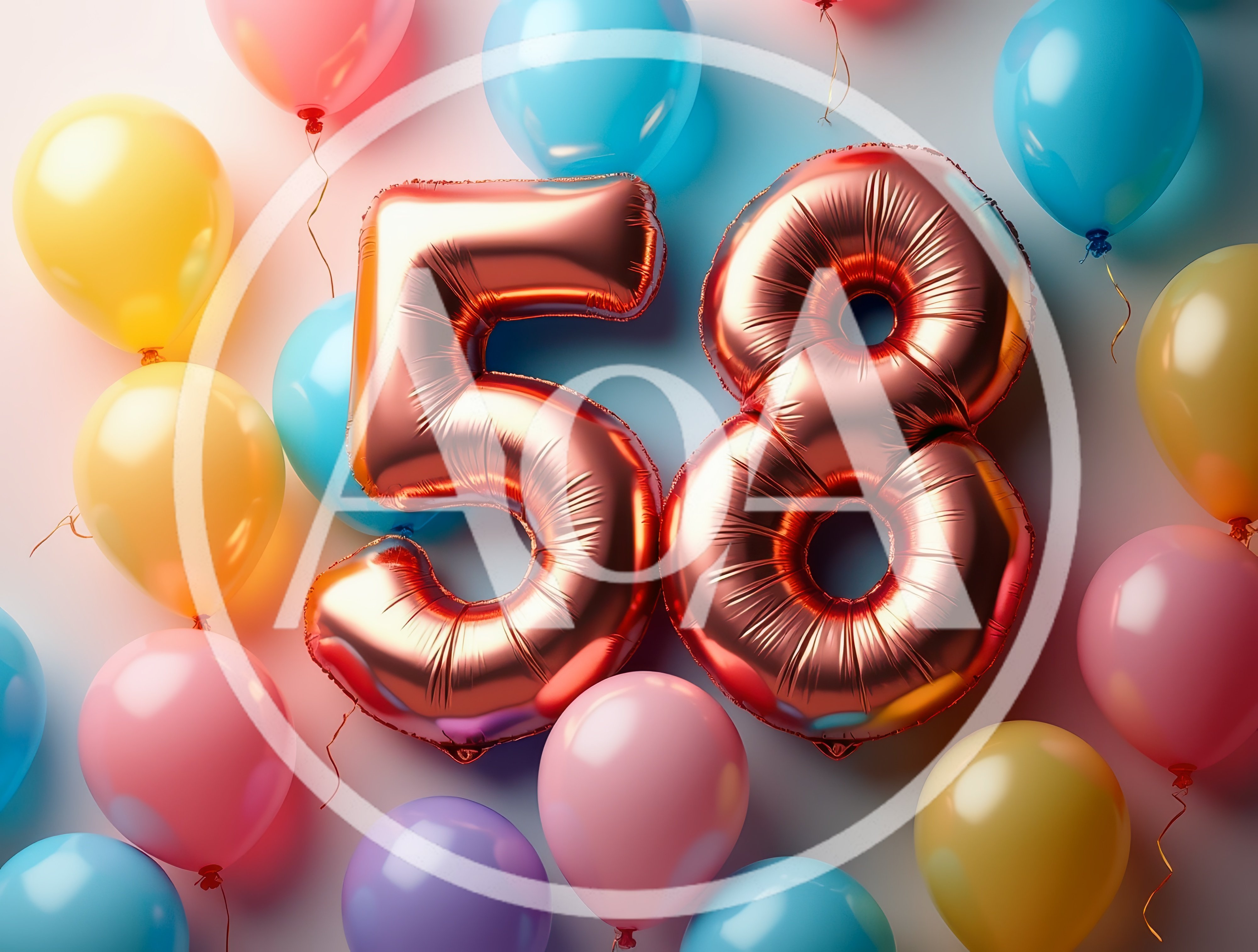 Rose Gold Number 58 Balloons With Colorful Party Balloons