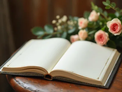 Open Blank Book With Pink Roses On Wooden Table