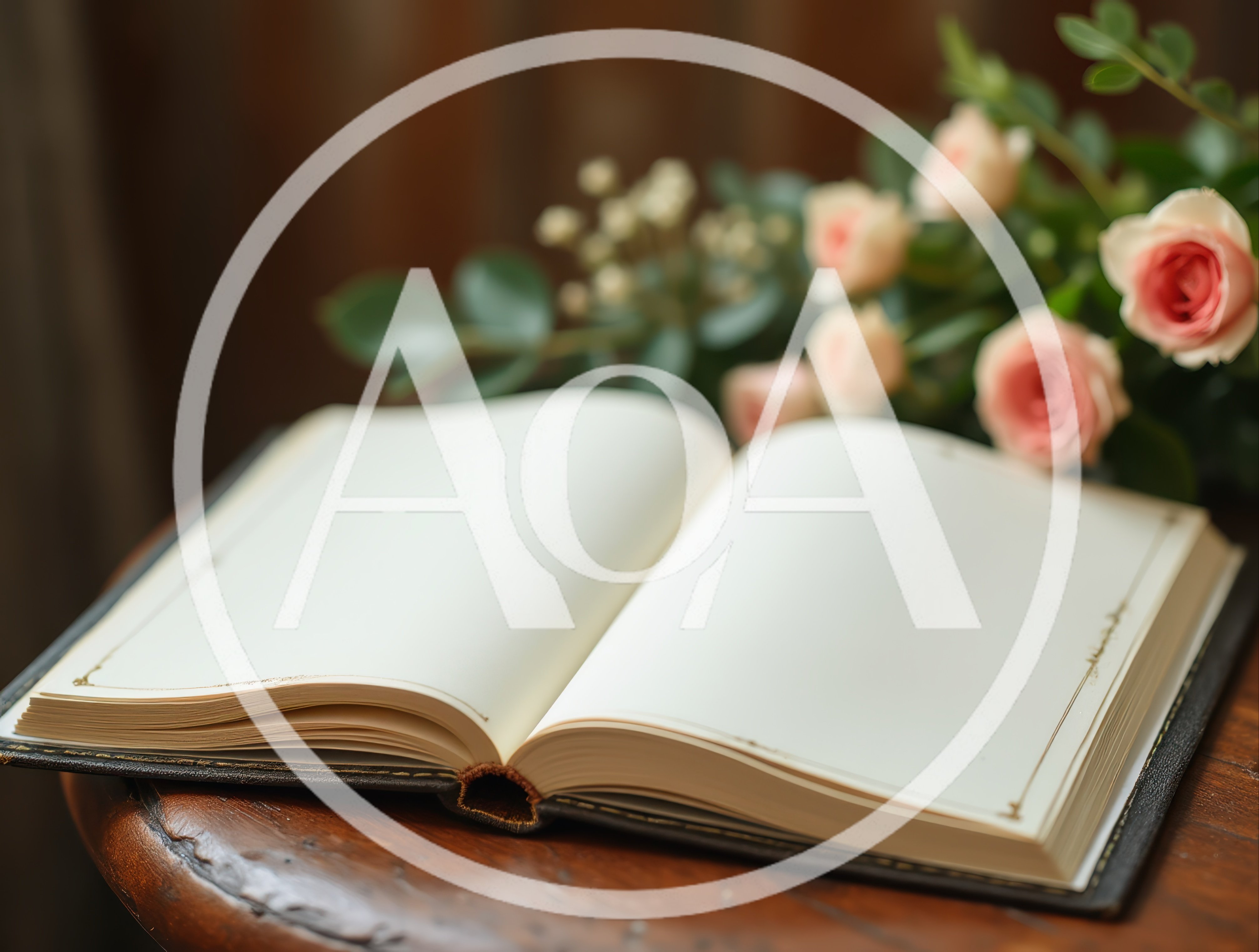 Open Blank Book With Pink Roses On Wooden Table